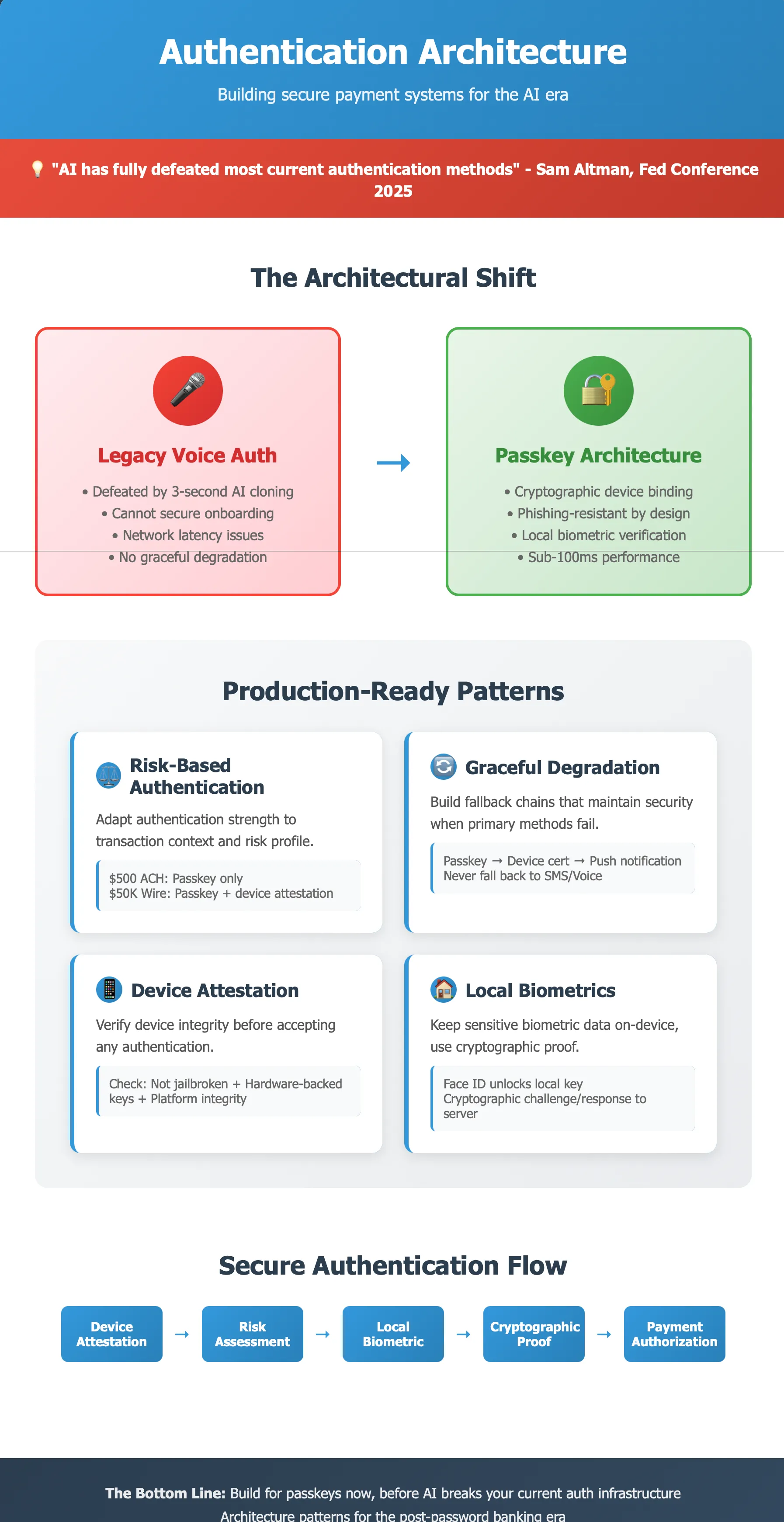 Banking's authentication architecture shift (as of July 2025): legacy voice authentication (defeated by 3-second AI voice clones, no graceful degradation) gives way to passkey architecture (device-bound cryptographic keys, phishing-resistant, local biometric verification, sub-100ms performance). Production-ready patterns: risk-based authentication adapting to transaction context, graceful degradation that never falls back to SMS or voice, device attestation, and local biometric verification where the device unlocks the passkey and no biometric data travels the network. Source: Sam Altman, Federal Reserve conference, July 2025.