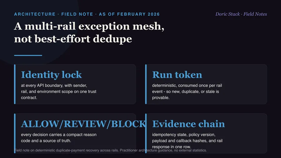 A multi-rail exception mesh, not best-effort dedupe