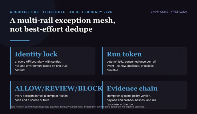 A multi-rail exception mesh, not best-effort dedupe