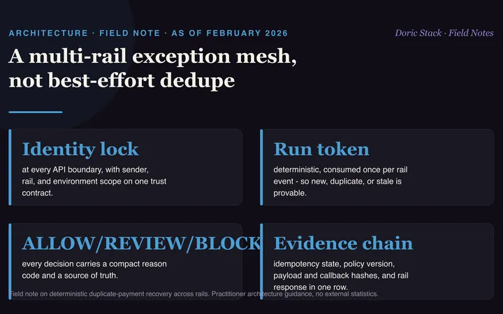 A multi-rail exception mesh, not best-effort dedupe visual preview
