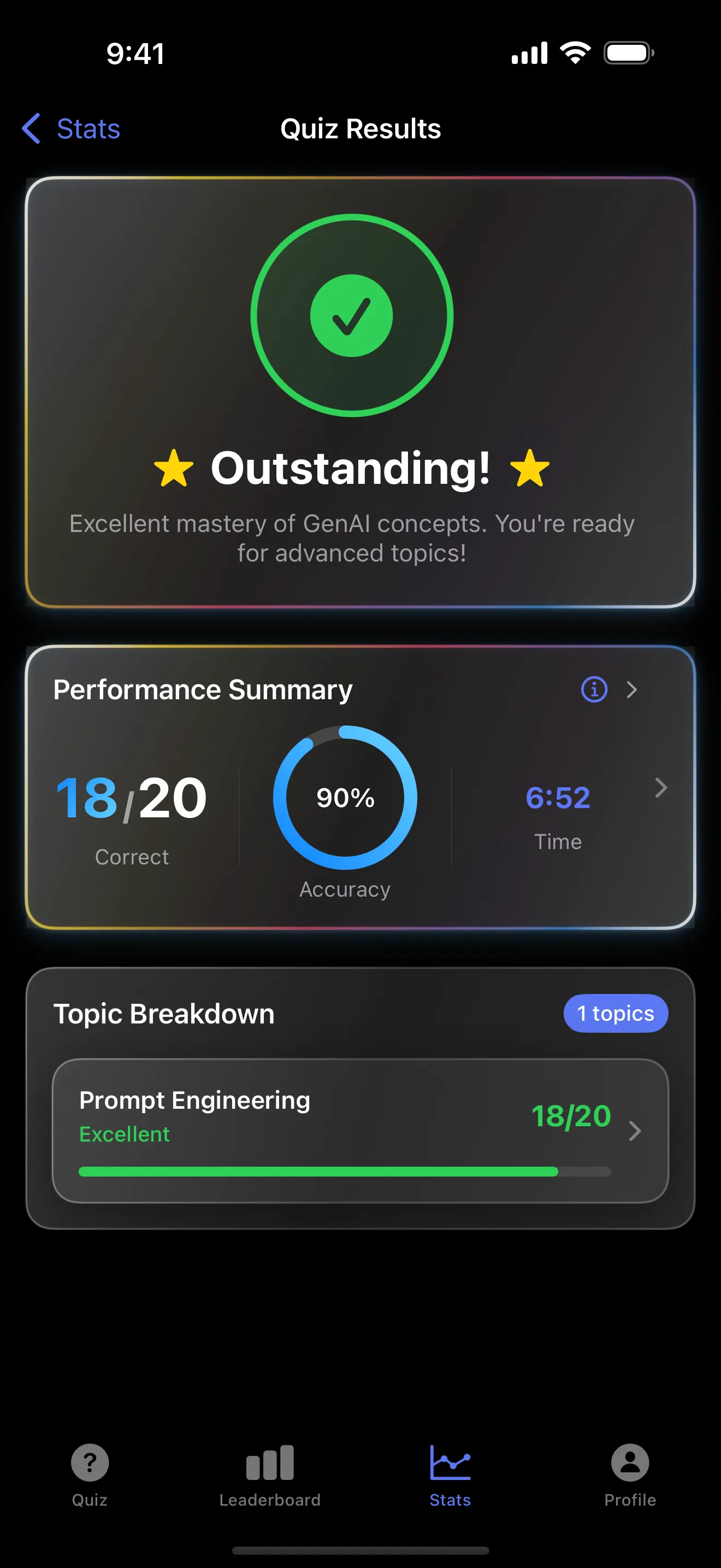 BrainForge AI quiz results screen showing accuracy, score, and topic breakdown.