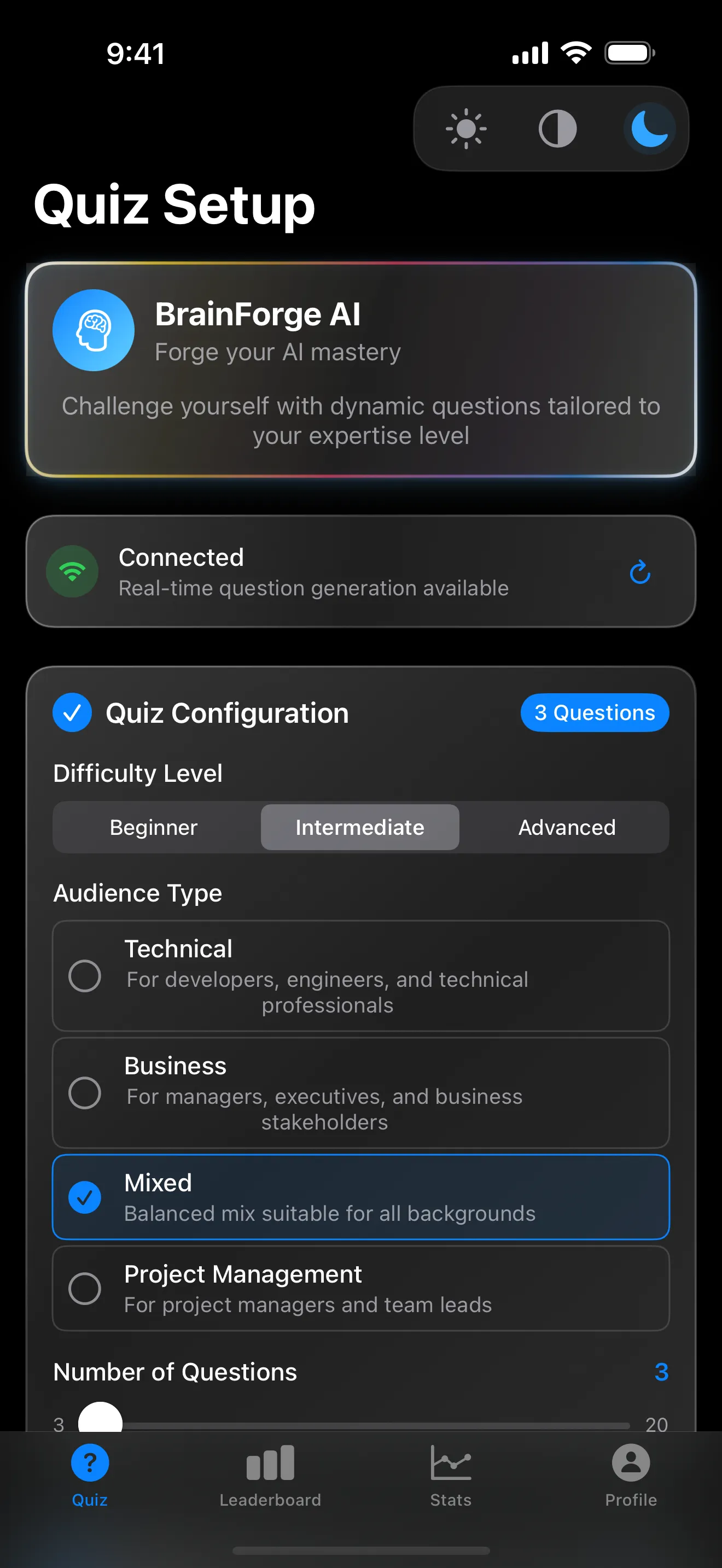 BrainForge AI quiz setup screen with difficulty, audience, and question count controls.