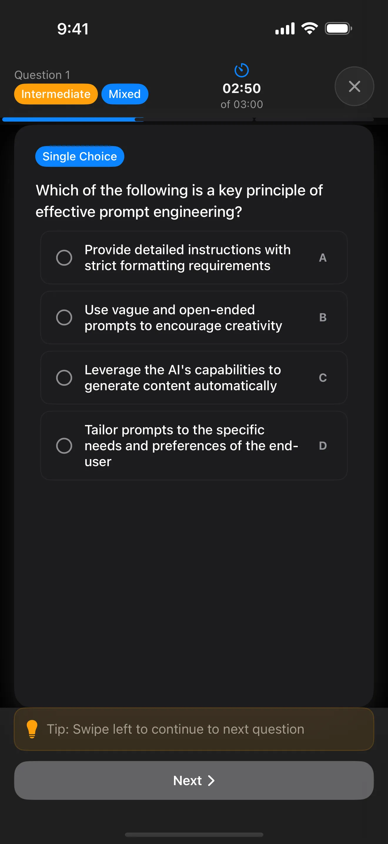 BrainForge AI quiz-taking screen with a timed prompt and multiple-choice answers.