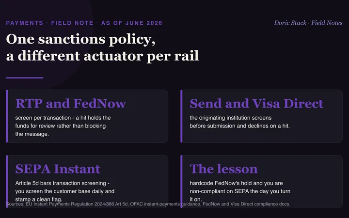 Sanctions screening as code: one policy, a different actuator per rail visual preview