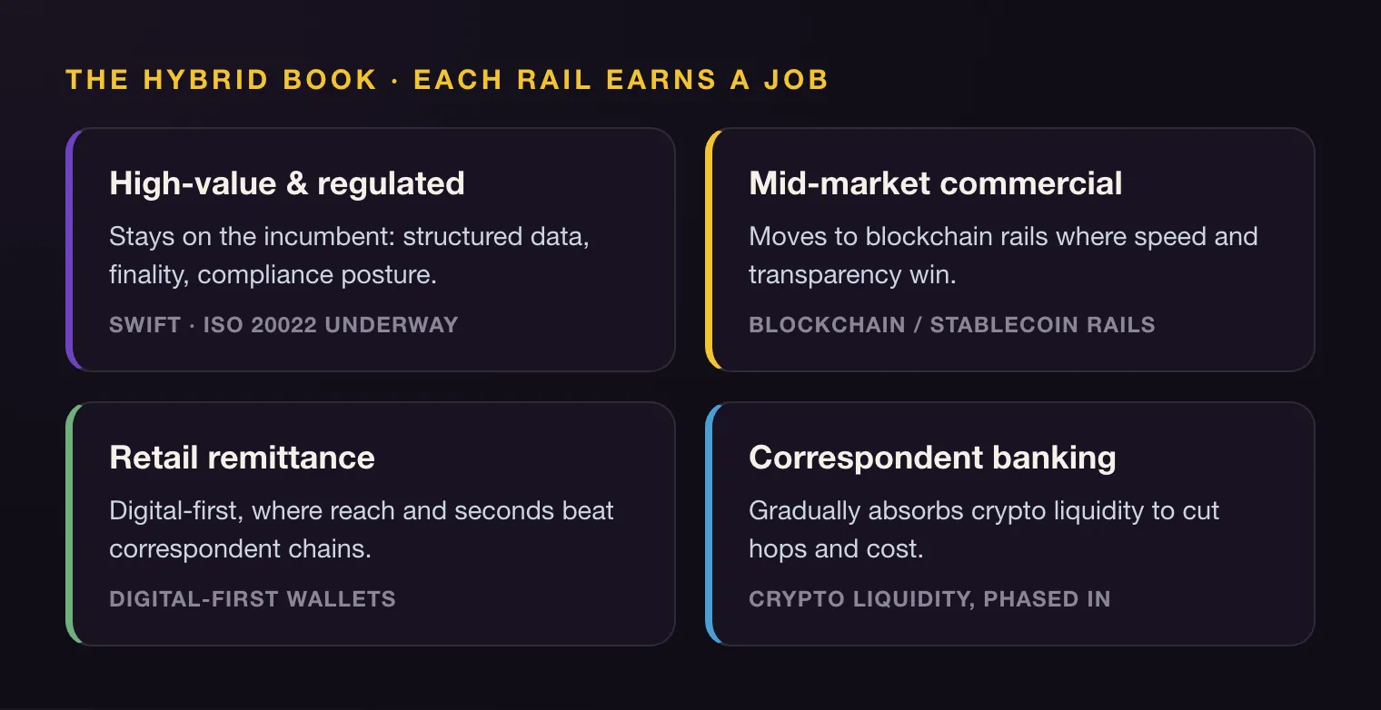 The hybrid book as of June 2025: high-value and regulated stays on SWIFT (ISO 20022 migration underway); mid-market commercial moves to blockchain/stablecoin rails; retail remittance goes digital-first; correspondent banking gradually absorbs crypto liquidity.